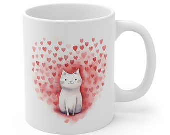 Cat Lover Mug, Valentine&#39;s Day Gift, Hearts, White Cat, For Mom, For Daughter, Birthday Gift, Valentine&#39;s Mug, Cute, College Apartment