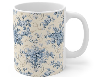 Blue Floral Mug, Spring, Toile, Chinoiserie, Mothers Day, Cottagecore, Antique Style, Birthday Gift, Baby Shower Gift, Pastel