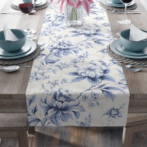 Spring Table Runner, Blue Floral, Baby Shower, Summer, Bridal Shower, Chinoiserie Decor, Toile, Shabby Chic, Cottagecore, Farmhouse