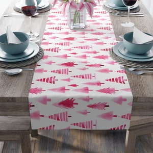 Pink Christmas Table Runner, Christmas Trees, Dining Table, Watercolor, Girly, Pastel Colors, Pink Christmas, Whimsical, Kitchen Decor