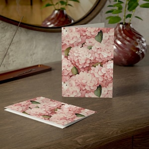 Rosa Hortensien Grußkarten, Frühling, Ostern, Blumenkarten, Blumendruck stationär, antiker Stil, girly, leere Karten, für Mama, Oma