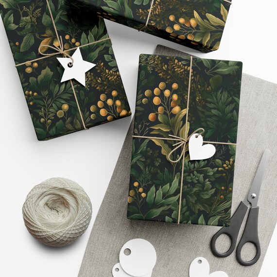 Fall Wrapping Paper, Christmas Gift Wrapping Paper, Dark Green,  Thanksgiving, Festive, Earthy, Botanical, Farmhouse 