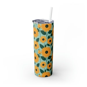 Sunflower Print Tumbler, Spring Travel Cup, Floral, Turquoise, Sunflowers, Christmas Gift, Birthday Gift, For Daughter, Mothers Day Gift