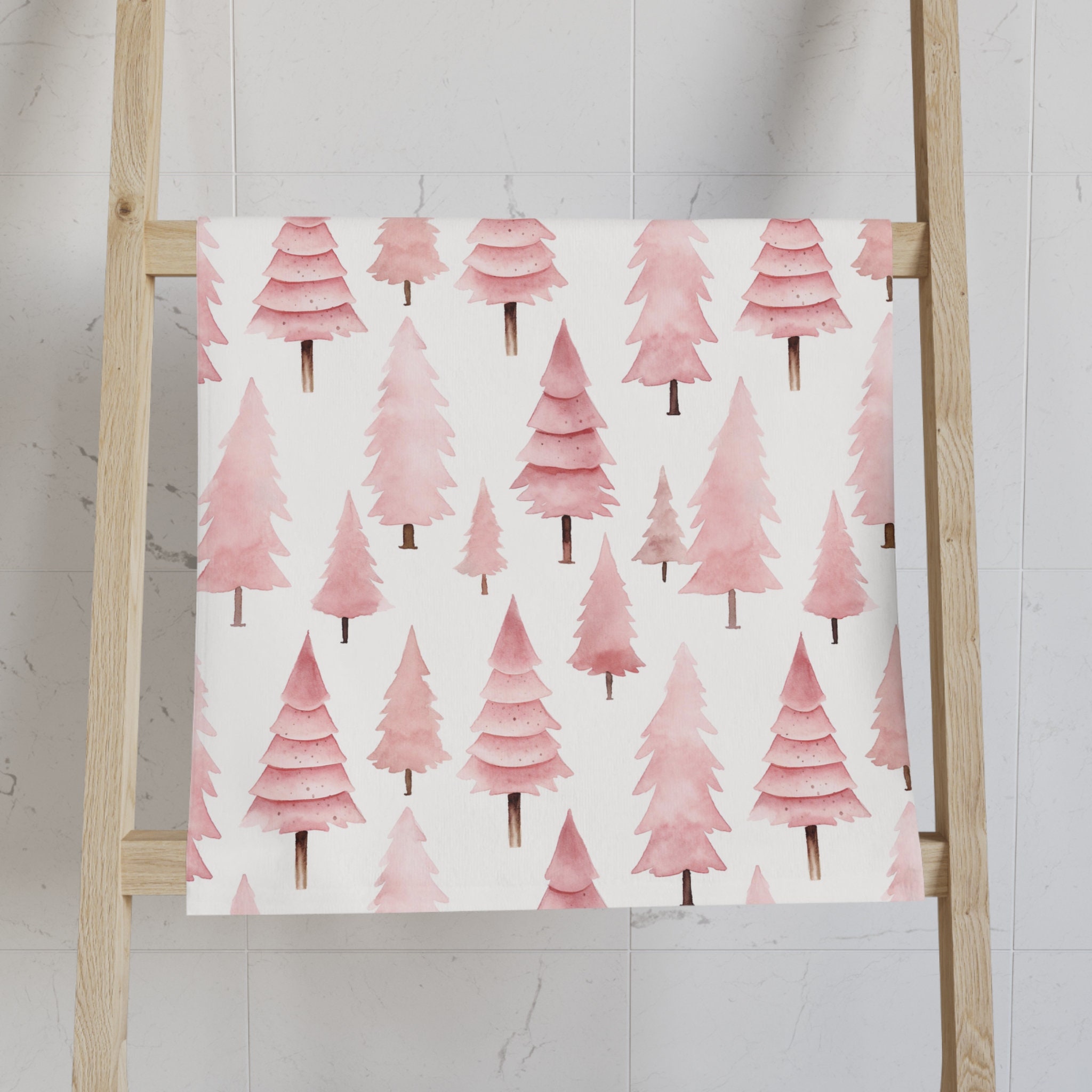 Pink Christmas Bathroom Hand Towel Girls Bathroom Christmas Trees Watercolor Girly College Apartment Pink Christmas Whimsical Dorm Etsy