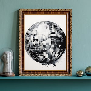 Wydruk artystyczny Disco Ball, czarno-biała sztuka ścienna, dekoracja dopaminowa, wydruk artystyczny Disco, dekoracja pokoju nastolatki, wystrój apartamentu w college&#39;u