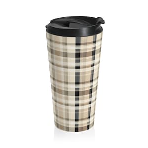 Fall Plaid Travel Mug, Autumn Travel Mug, Cute Fall Tumbler, Thanksgiving Gift, Birthday Gift, Tan, Beige, Neutral, Coffee Lover