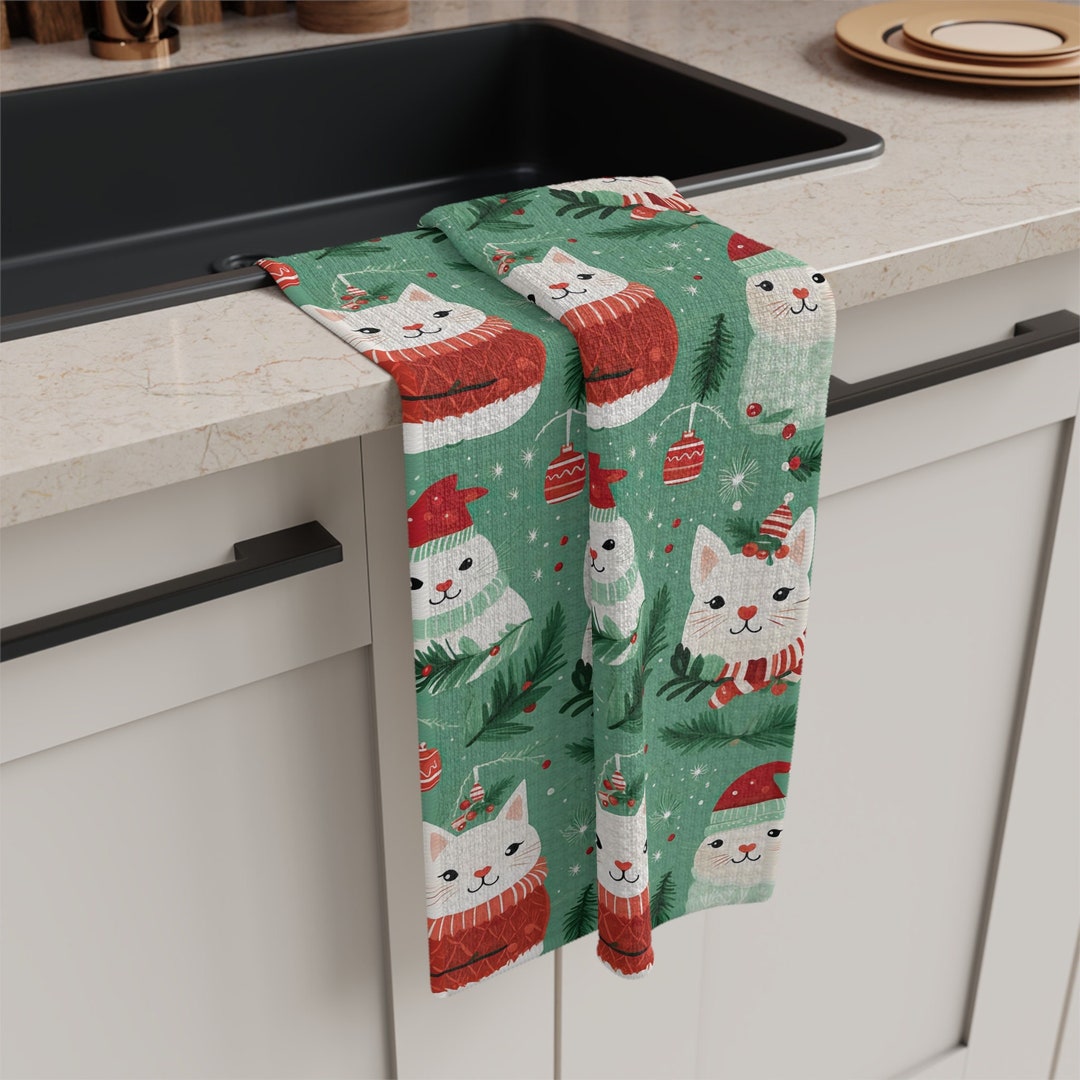 Christmas Cat Kitchen Towel, Christmas Dish Towel, Christmas Kitchen Decor, Cute, Cat Towel, Cat