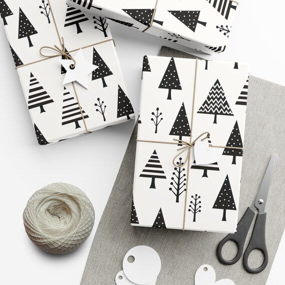 Cute Simple Black And White Christmas Tree Wrapping Paper