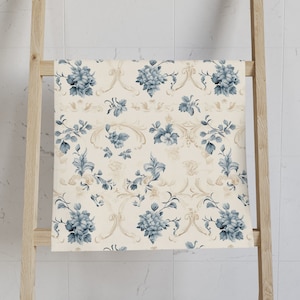 Blue Floral Bathroom Hand Towel, Fall, Birthday Gift, Toile, Autumn, Chinoiserie, French Country Chic, Cottagecore, Elegant, Wedding Gift