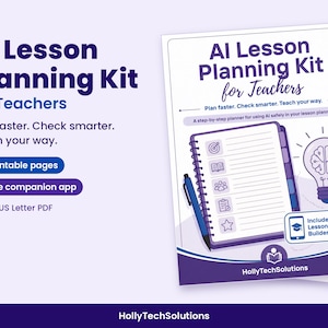 Può includere: Un kit di pianificazione delle lezioni con IA per insegnanti, PDF in formato US Letter con 14 pagine stampabili e un'app gratuita. La copertina mostra un quaderno a spirale viola, una penna blu, un'icona a lampadina e il testo AI Lesson Planning Kit.