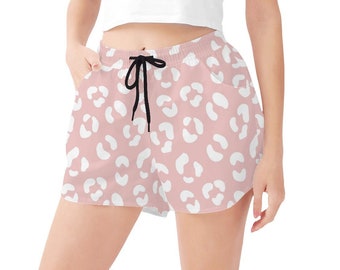 Strandshorts mit rosa Leopardenmuster für Damen, niedliche blassrosa Shorts mit Kordelzug und Taschen, pastellfarbene Sporthose für ihr Workout, Freizeit, lässige Shorts