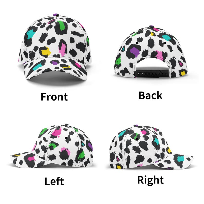 Pode incluir: Um bon&eacute; de beisebol branco com um padr&atilde;o de estampa de leopardo preto e branco. A estampa apresenta manchas coloridas em rosa, amarelo, verde e roxo.