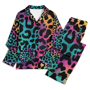 Gugusary Women's Silk Satin Pajamas Set - Rainbow Leopard Print Lounge Sleepwear