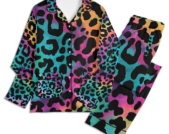 Conjunto de pijama de leopardo arco-íris, pijama boho fofo de manga comprida para ela, roupa de dormir tie-dye para adultos, unissex, presente de casal combinando, boho hippie