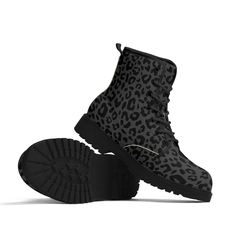 Black Leopard Boots Faux Leather Womens Cheetah Pattern Black Outsole Boot for Her Black & Grey Leopard Print Goth Docs style Boots image 1