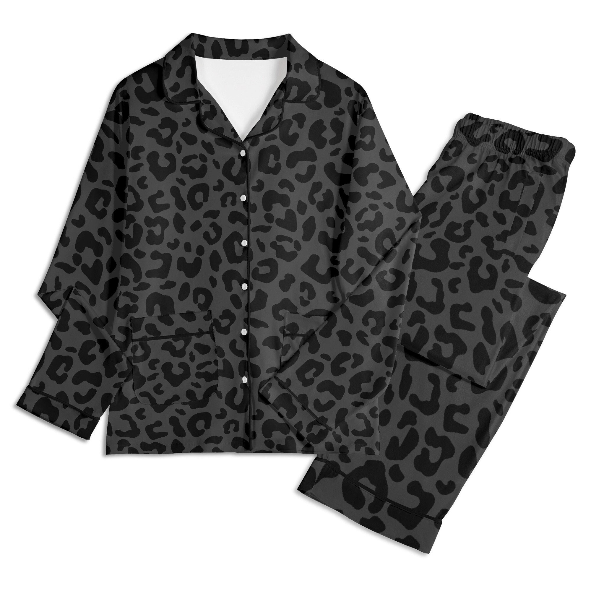 Black Leopard Pajama Set Unisex Long Sleeve Adult Nightwear for Her Him Matching Black Cheetah Print Pajamas for Couple Gift Safari Animal