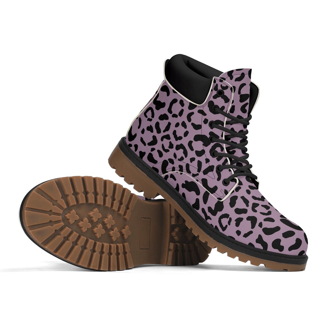 Purple Leopard Print Boots Women's Cheetah Pattern Leather Boot Brown Outsole All Season Shoes