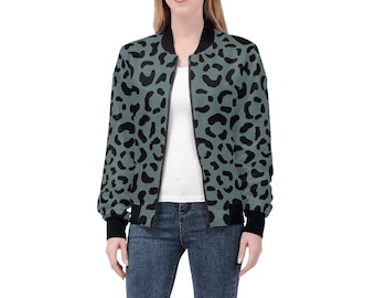 Jaqueta feminina com estampa de leopardo, linda azul sage cheetah, casaco com zíper, verde azulado, safari, animal, jaqueta bomber para seu presente para a mãe