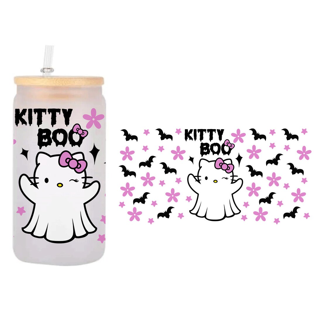 Catty Boo Halloween Vibes Glass Can Wrap PNG Funny Catty Etsy