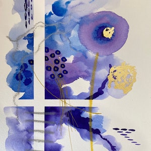 May include: Abstract watercolor painting with purple, blue, and gold accents. The painting features a large purple flower with a gold center and a smaller cluster of blue flowers with gold centers. The background is a light blue and white.