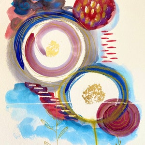 May include: Abstract watercolor painting featuring circular shapes in shades of blue, red, and purple, accented with gold leaf details. The artwork includes stylized floral elements and a light blue background.