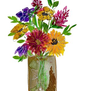 May include: A watercolor painting of a bouquet of flowers in a brown jar. The flowers are yellow, red, purple, and green. The jar is decorated with gold paint.