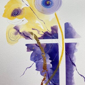 May include: Abstract watercolor painting with purple, yellow, and gold accents. The painting features swirling lines and shapes, creating a sense of movement and energy.