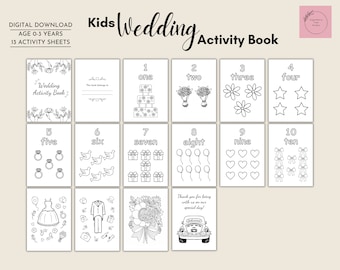 May include: A black and white printable activity book for kids with 13 pages featuring wedding-themed illustrations and activities. The book includes numbers 1 through 10, counting activities, and coloring pages.