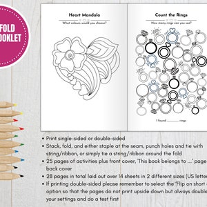 May include: A printable half-fold booklet with coloring pages for kids. The booklet features a heart mandala coloring page and a count the rings activity. The text on the cover reads "Half Fold Page Booklet".