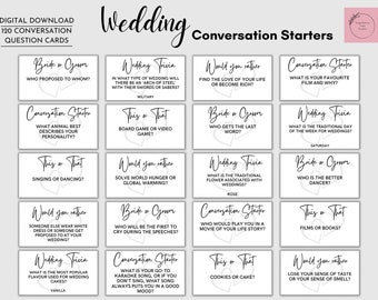 Può includere: Un set di 120 carte di inizio conversazione stampabili per matrimoni. Le carte sono in bianco e nero e presentano una varietà di domande e suggerimenti, come "Chi ha proposto a chi?" e "Qual è la tua canzone da karaoke preferita?"