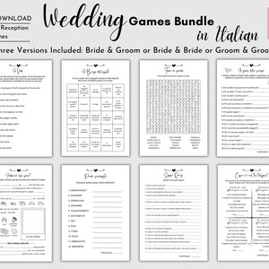 Pu&ograve; includere: Un pacchetto di giochi di matrimonio stampabili in italiano. Il pacchetto include otto giochi, come "Chi conosce meglio la sposa?" e "Trova la parola".