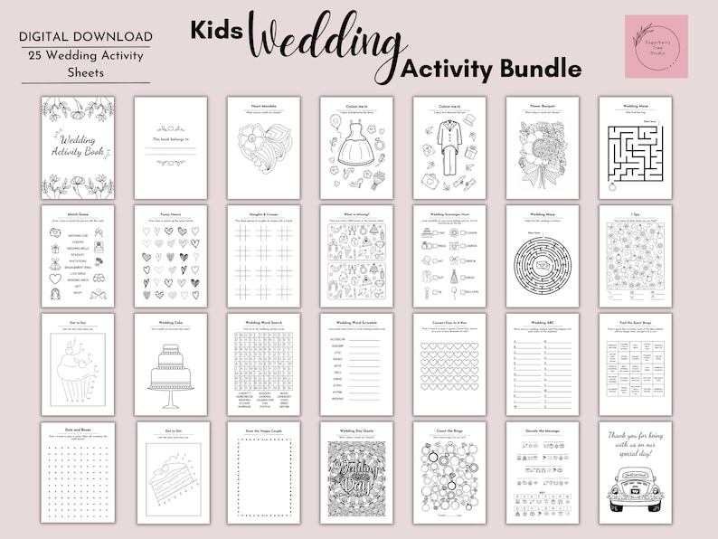 May include: A digital download of 25 printable wedding activity sheets for kids. The sheets feature a variety of activities, including coloring, word searches, mazes, and more. The sheets are black and white and have a simple, modern design.