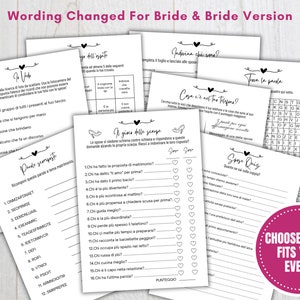 Pu&ograve; includere: Un set di giochi per la festa di addio al nubilato stampabili in bianco e nero con cuori e sfondo rosa. I giochi includono "Chi conosce meglio la sposa", "Trova la parola", "Quiz della sposa" e "Parole mischiate".