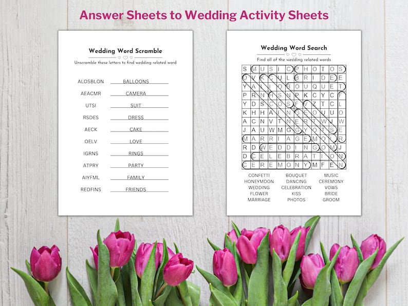 May include: Two printable wedding activity sheets. The first sheet is a word scramble with the words "balloons", "camera", "suit", "dress", "cake", "love", "rings", "party", "family", and "friends". The second sheet is a word search with the words "music", "photos", "bride", "groom", "confetti", "honeymoon", "wedding", "flower", "marriage", "bouquet", "dancing", "ceremony", "vows", "celebration", "kiss", and "wedding".