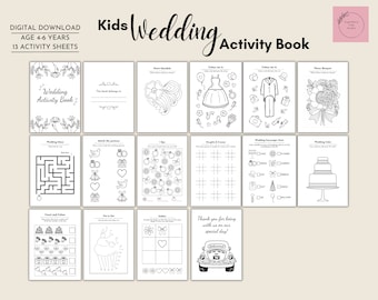 May include: A black and white printable activity book for kids with 13 pages of wedding-themed activities. The book includes coloring pages, mazes, matching games, and more. The cover features the text "Kids Wedding Activity Book".