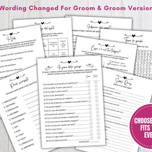 Pu&ograve; includere: Un set di giochi di matrimonio stampabili in italiano. I giochi includono uno scramble di parole, un gioco 'chi &egrave; chi', un gioco 'trova la parola', un gioco 'indovina la risposta' e un 'quiz sul coniuge'.