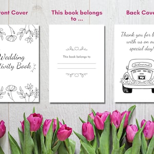 May include: A black and white printable wedding activity book with a floral design on the front cover. The back cover features a cartoon car with the text "Just Married" and a floral design. The middle page is a blank page with the text "This book belongs to..." and a floral design.