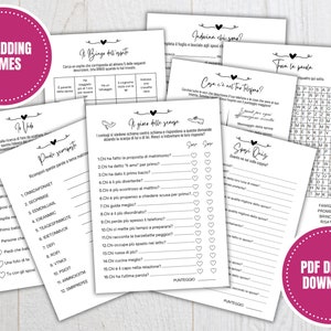Pu&ograve; includere: Un set di otto giochi di matrimonio stampabili in bianco e nero con cuori rosa. I giochi includono "Bingo dell'ispirto", "Il gioco delle scarpe", "Indovina chi sono?", "Cosa c'&egrave; nel tuo telefono?", "Sposi Quiz", "Trova la parola", "Io Vedo" e "Pande scomposte".