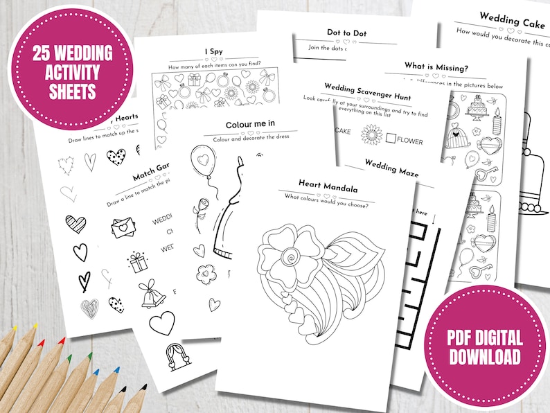 May include: A set of 25 printable wedding activity sheets for kids. The sheets include activities like dot-to-dot, color me in, match the gar, I spy, heart mandala, wedding maze, what is missing, and wedding scavenger hunt. The sheets are black and white and feature a variety of wedding-themed illustrations.