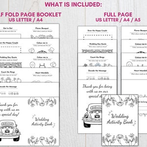 May include: A black and white printable wedding activity book with a variety of activities, including dot-to-dot, coloring pages, and a heart mandala. The book includes a thank you message for guests and a cover with a cute cartoon VW bug.