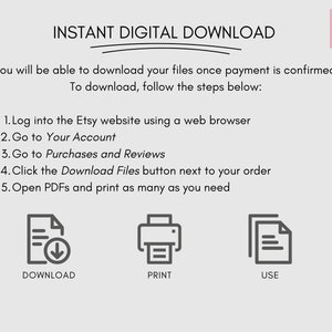 Pu&ograve; includere: Una grafica che mostra i passaggi per scaricare file digitali da Etsy. I passaggi includono l'accesso a Etsy, l'accesso al tuo account, l'accesso agli acquisti e alle recensioni, il clic sul pulsante di download dei file e l'apertura dei PDF.