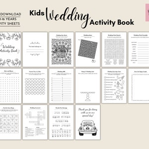 May include: A black and white printable activity book for kids with the title "Kids Wedding Activity Book". The book includes 13 activity sheets with various wedding-themed activities such as word searches, mazes, and coloring pages.