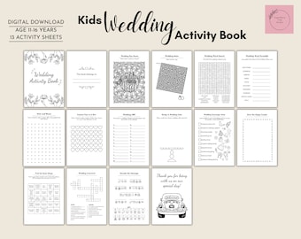 May include: A black and white printable activity book for kids with the title "Kids Wedding Activity Book". The book includes 13 activity sheets with various wedding-themed activities such as word searches, mazes, and coloring pages.