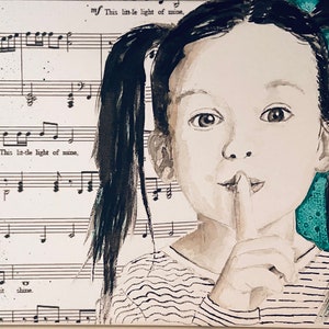 This Little Light of Mine | Hand Drawn Original Portrait with Music | Child Portrait Music |  Hymn Art | Christian Art | Grandparent Gift
