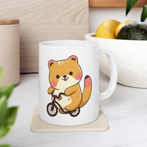 White Ceramic Mug 11oz - Kawaii Cute Red Panda Cat Bear Cycling Bicycle Lover Cartoon Bike