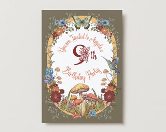 Invitación de noveno cumpleaños Invitación al jardín de flores de setas Invitación de cumpleaños de setas Cumpleaños del jardín mágico
