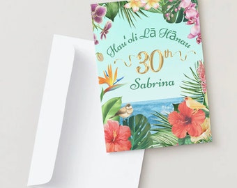 Feliz cumpleaños número 30, flores hawaianas y océano