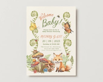 Invitación de baby shower Baby Shower de zorro y champiñones Nueva invitación de bebé Invitación de baby shower de champiñones