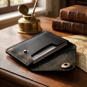 May include: A black leather card holder with a flap closure secured by a metallic snap button. The envelope-style wallet features visible stitching along the edges and contains a stack of rectangular cards inside the main compartment.