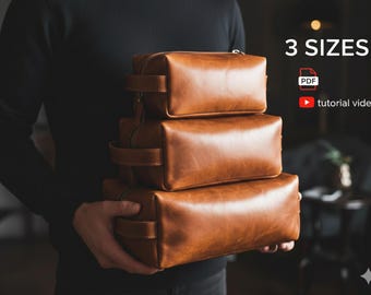 May include: Three rectangular brown leather toiletry bags stacked vertically, each featuring a side handle and a zipper closure. The image includes the text 3 SIZES, a PDF icon, and a YouTube icon with the text tutorial video.